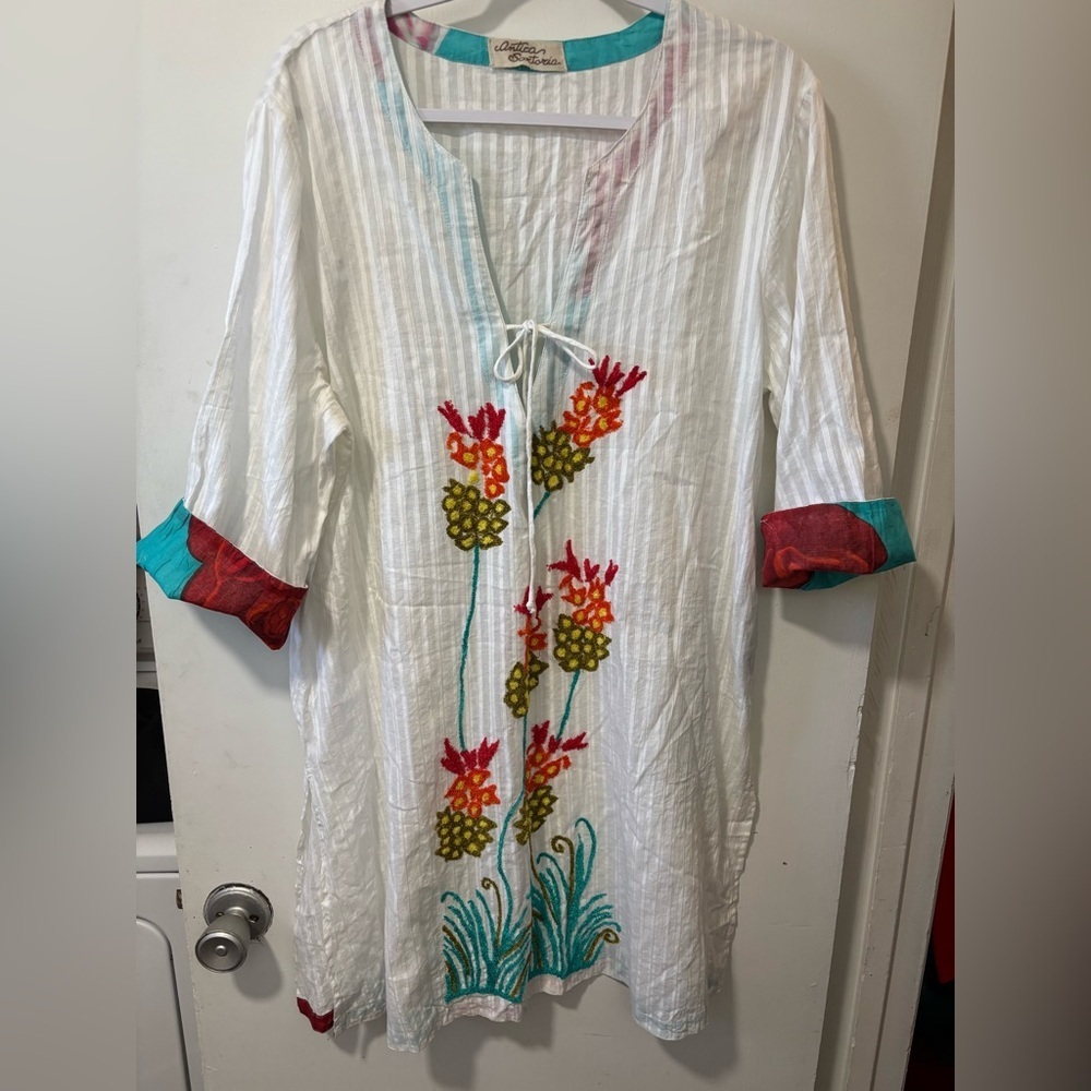 Antica Sartoria White Cotton Embroidered Tunic Top Cover Up Dress Size L